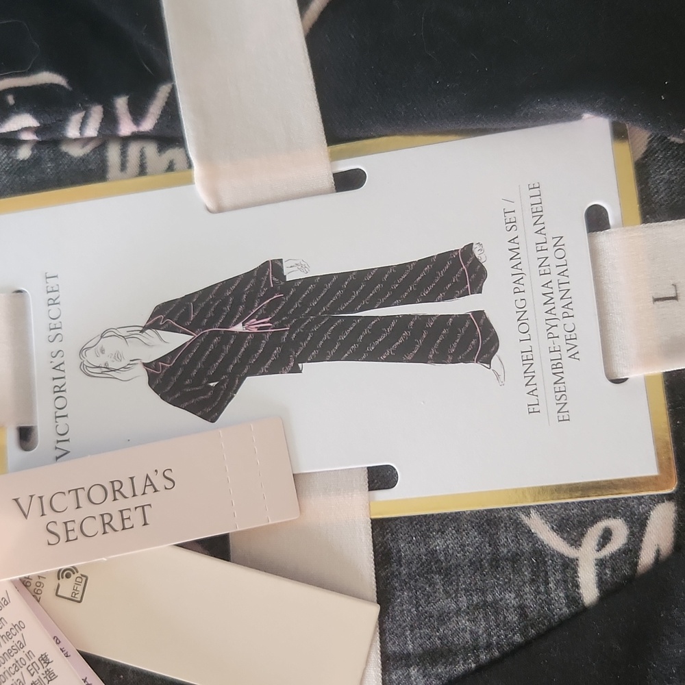 Victoria's Secret Flannel Long Black and Pink Pajama Set - Picture 2 of 4